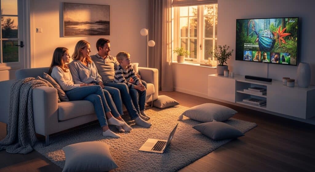 Nederlands gezin geniet van tv kijken zonder abonnement in moderne woonkamer