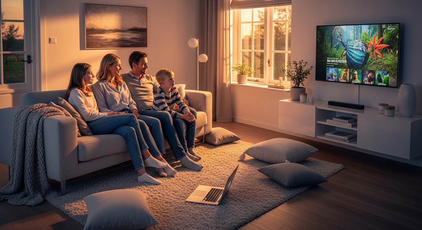 Nederlands gezin geniet van tv kijken zonder abonnement in moderne woonkamer