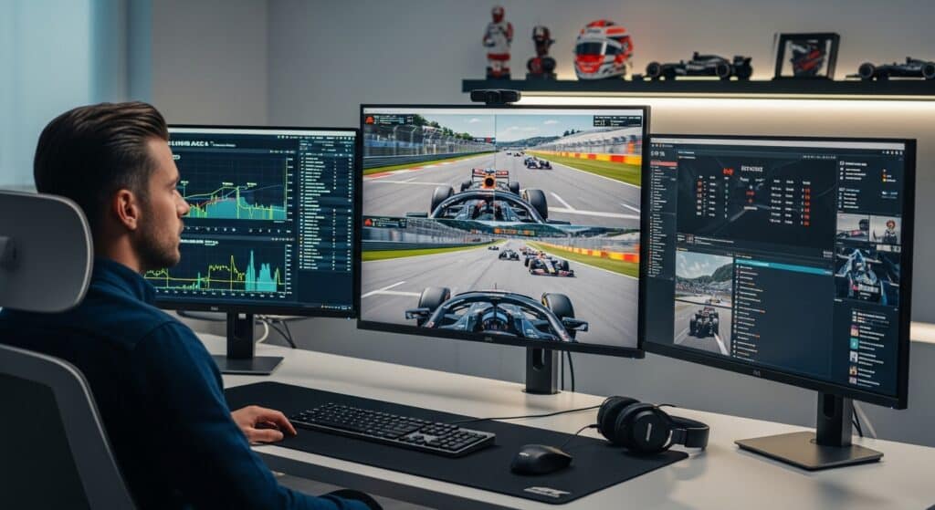Formule 1 fan kijkt naar meerdere schermen met f1 tv pro abonnement live beelden
