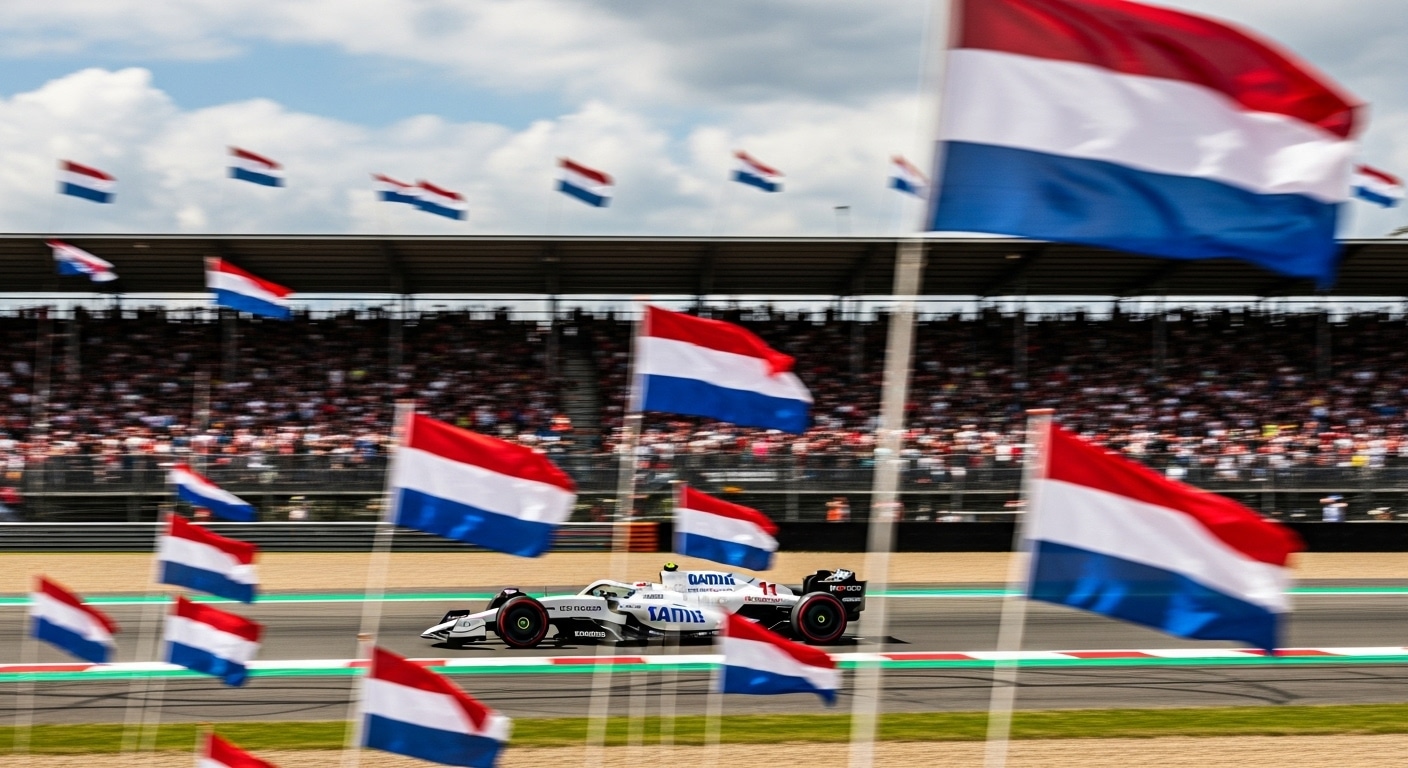 Formule 1 Uitzending 2025 op Circuit Zandvoort met Nederlandse vlaggen en raceauto