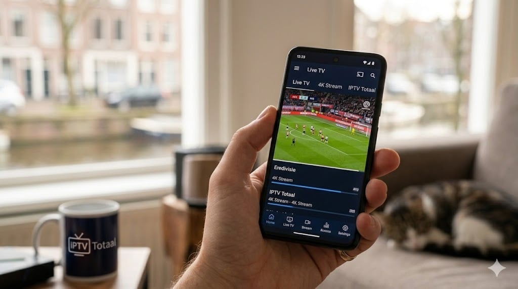 Live Eredivisie kijken via de IP TV Totaal app op een smartphone in een Nederlandse woonkamer