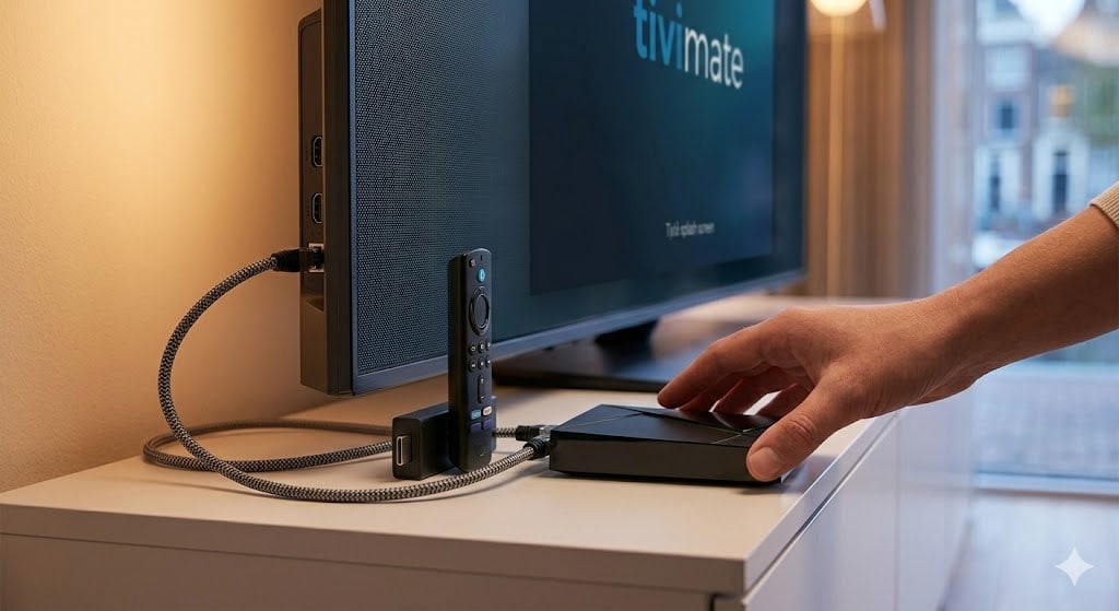 Close-up of an Amazon Fire TV Stick 4K Max and Nvidia Shield TV Pro connected via Ethernet for optimal IPTV Totaal stability, as recommended in this iptv nederland review.