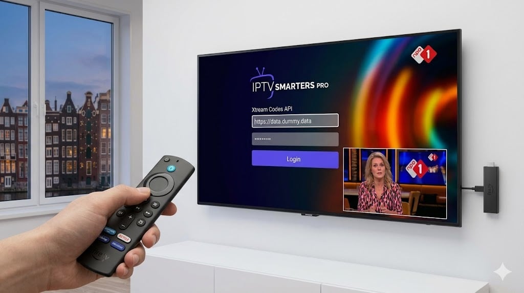 Een hand configureert de Xtream Codes inloggegevens in de IPTV Smarters Pro app op een Samsung Smart TV met een Firestick in een Nederlandse woonkamer.
