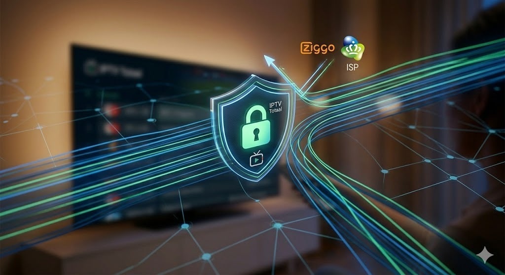 A technical visualization showing secure, anti-freeze data data flow that bypasses Ziggo and KPN ISP blocks, a key security feature confirmed in this iptv nederland review.