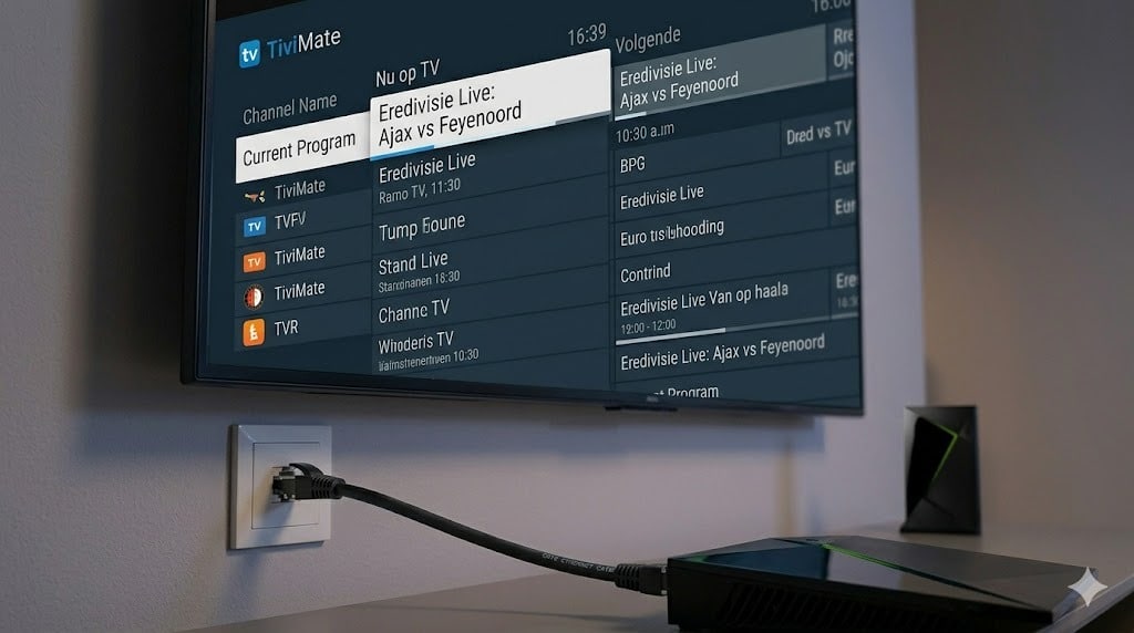 Een TV-scherm toont de overzichtelijke TiviMate EPG-gids met Nederlandse zenders, aangesloten via een Cat6 ethernetkabel voor de beste iptv stabiliteit.