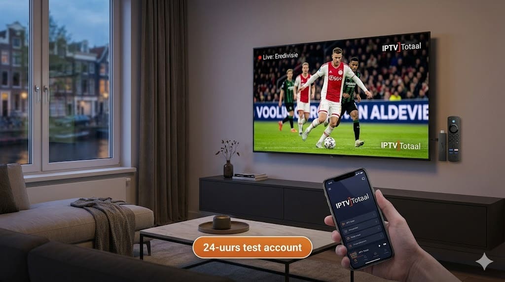 Een moderne Nederlandse woonkamer waar de beste nederland iptv verbinding live Eredivisie voetbal streamt op een Smart TV.