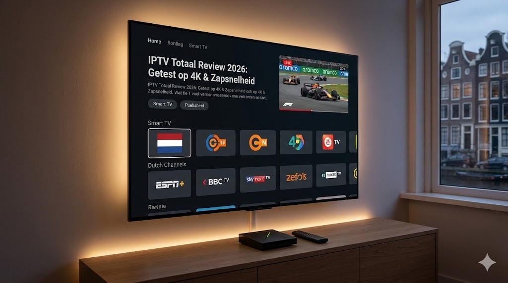 Een 16:9 foto van een Smart TV in een Nederlandse woonkamer die de 4K interface van de iptvtotaal review 2026 toont tijdens een F1 race.