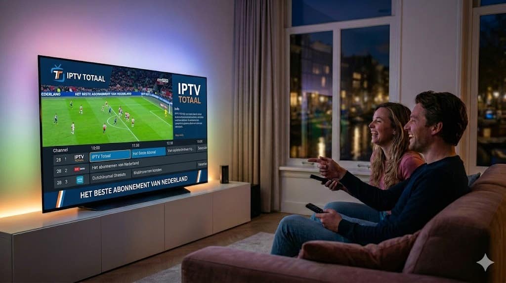 dutch-couple-enjoying-iptv abonnement-in-amsterdam-apartment-with-4k-tv