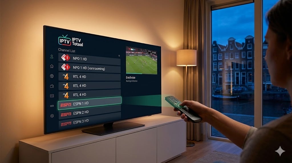 A premium, buffer-free IPTV Totaal interface on a large TV in a Dutch living room, showing NPO 1 and ESPN 1 as part of a successful iptv nederland review.