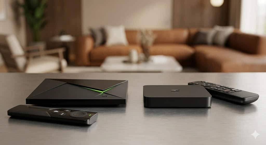 Een vergelijking tussen een high-end Nvidia Shield Pro en een compact Formuler iptv kastje op een modern bureau.