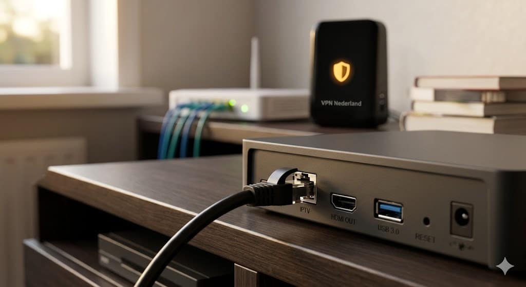 Een macro-foto van de achterkant van een iptv box waar een Ethernet-kabel wordt aangesloten voor een stabiele verbinding.