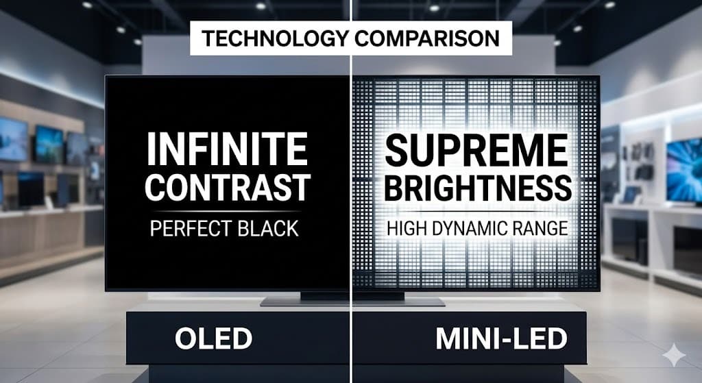 Een visuele vergelijking tussen de perfecte zwartwaarden van OLED en de hoge helderheid van Mini-LED panelen, essentieel bij een tv kopen.