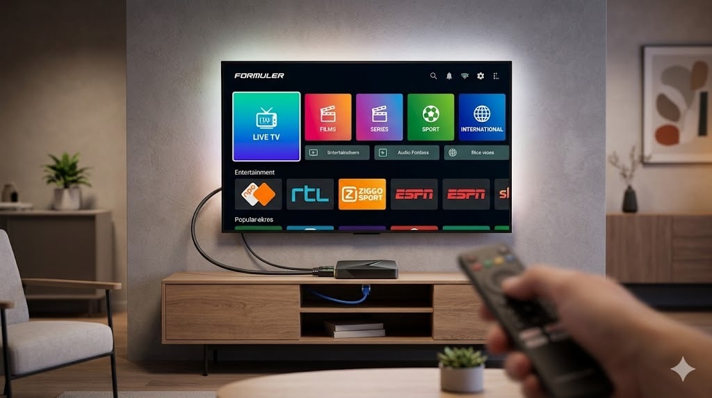 A high-performance 4K Android TV box is connected to a large television with glowing blue cables showing a tvtotaal channel guide, in a minimalist modern living room.