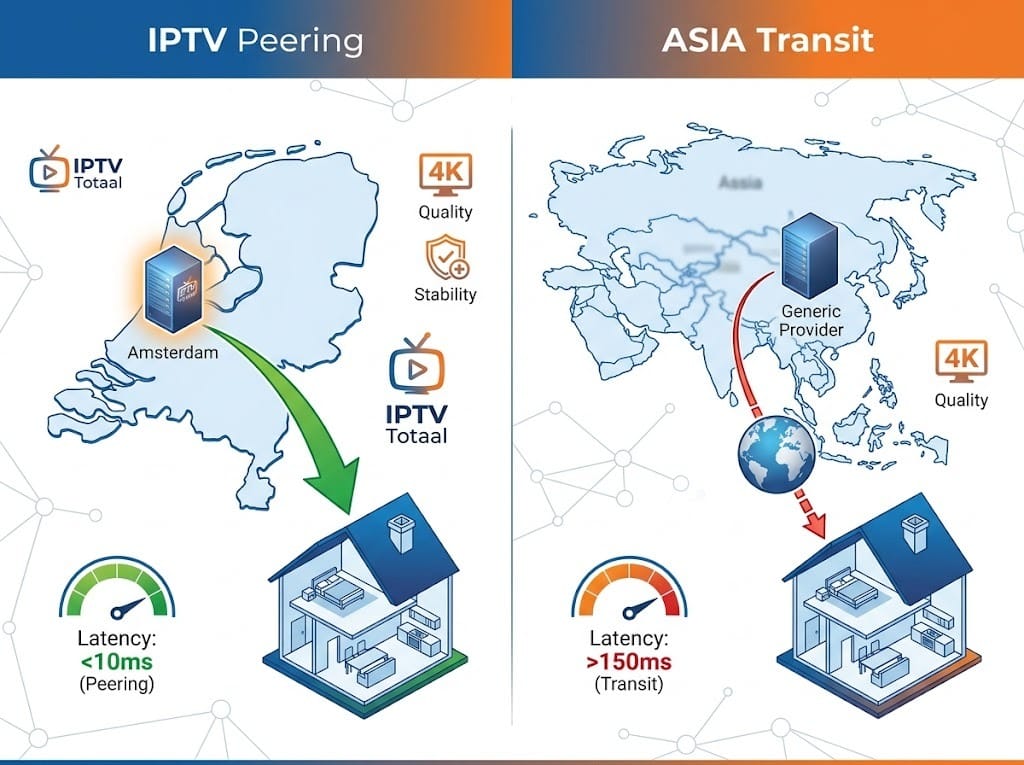 Een diagram dat de latency vergelijkt tussen een ip iptv server in Amsterdam en een server in Azië.