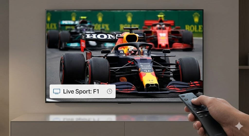 Een close-up van een 4K TV die een Formule 1 race uitzendt met de tekst 'Live Sport: F1', illustreert de kwaliteit van iptv tv tijdens grote evenementen