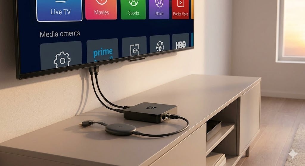 Een close-up van een Nvidia Shield TV Pro en een Google Chromecast, verbonden via ethernet, de aanbevolen hardware voor een stabiele ervaring van iptv legaal nederland.