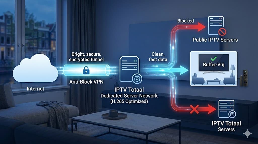 Een technische diagram die laat zien hoe IPTV Totaal servers de ISP-blokkades omzeilen voor een stabiele nederland iptv verbinding zonder buffering.