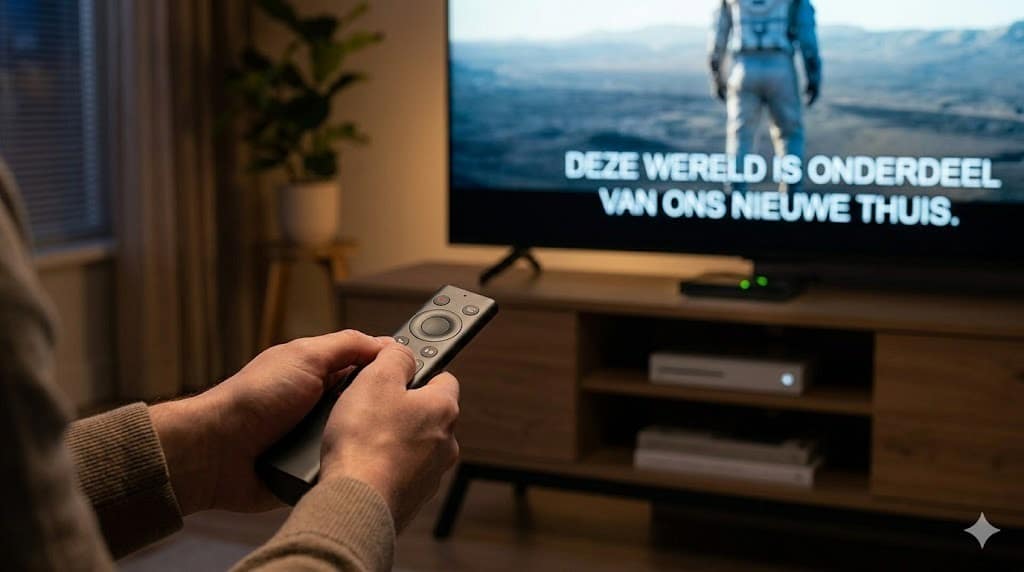 Een close-up van een hand met een afstandsbediening die gericht is op een Nvidia Shield Pro, de ideale hardware voor een soepele weergave van iptv met nederlandse ondertitels.