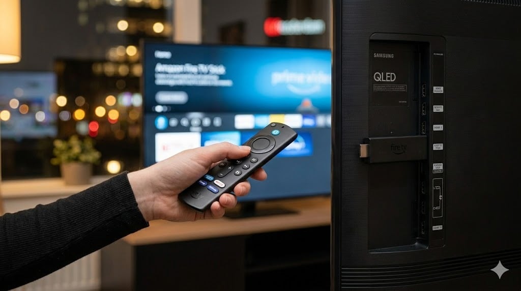 Een close-up foto van een hand die een afstandsbediening gebruikt om te navigeren op een Amazon Fire TV Stick, aangesloten op een Samsung QLED TV, in dezelfde Amsterdamse woonkamer setting als smarters pro.