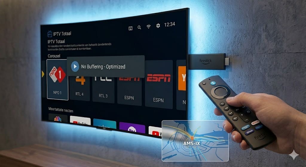 Een detailopname van een Firestick die verbinding maakt met AMS-IX voor ultrasnelle iptv abonnementen zonder haperingen.