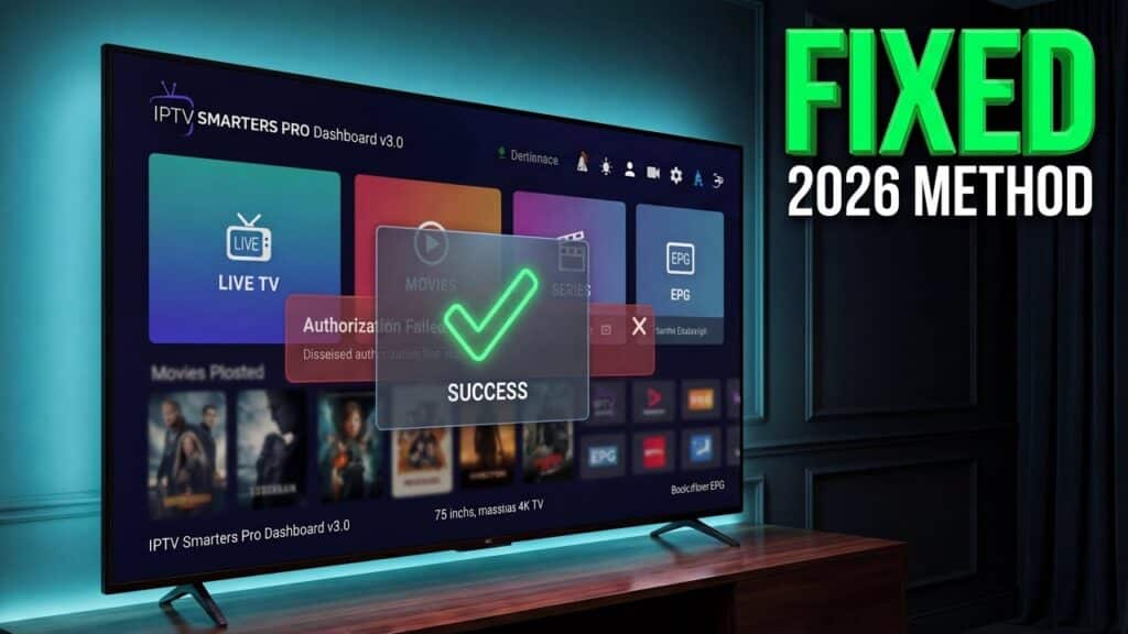 Een hand configureert de Xtream Codes inloggegevens in de IPTV Smarters Pro app op een Samsung Smart TV met een Firestick in een Nederlandse woonkamer.