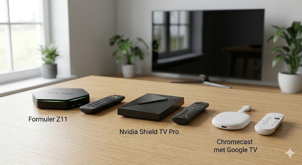 Een vergelijking van drie populaire hardware modellen: de Formuler Z11, Nvidia Shield Pro en Chromecast, die functioneren als iptv box.