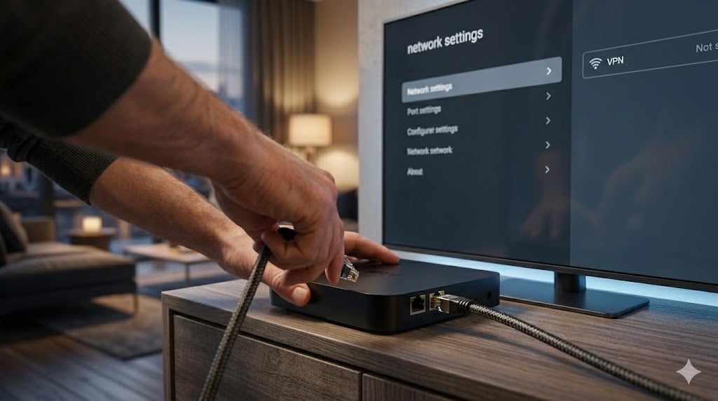 Een close-up foto toont hoe een hand een Ethernet-kabel aansluit op de LAN-poort van een stabiel iptv kastje.