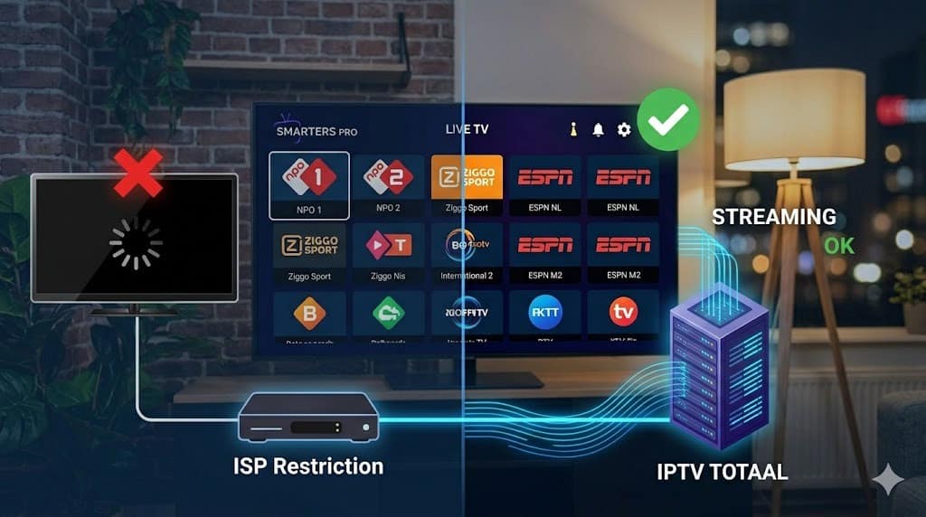 Een grafische visualisatie die de buffering problemen aan de linkerkant vergelijkt met de soepele, high-resolution streaming ervaring van smarters pro geoptimaliseerd door IPTV Totaal aan de rechterkant, in de Amsterdamse woonkamer setting.