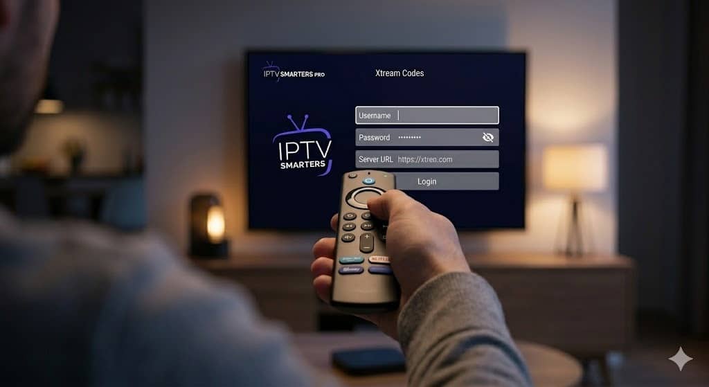 A hand holding a remote control pointing at the Xtream Codes login screen within the IPTV Smarters Pro app.