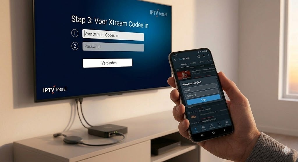 Een hand holding een smartphone toont de TiviMate login interface, terwijl op de TV-achtergrond een 'Stap 3: Voer Xtream Codes in' grafiek te zien is voor iptv legaal nederland.