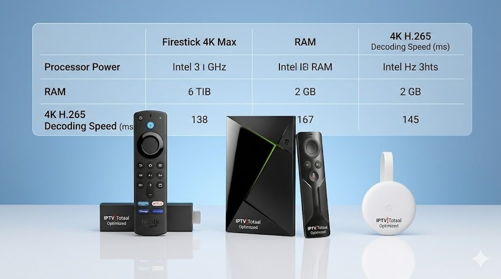 en vergelijkingstabel van Firestick 4K, Nvidia Shield en Google TV mediaspelers die compatibel zijn met nederland iptv en H.265 decodering ondersteunen.
