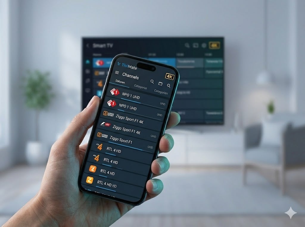 Een hand holding een smartphone met de overzichtelijke TiviMate interface, die de eenvoudige installatie van IPTV Totaal op mobiele apparaten illustreert, een voordeel t.o.v. complexe iptv aanbieders.