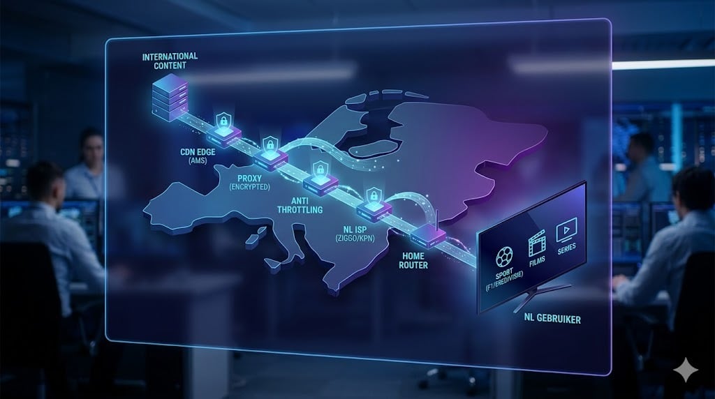 A complex, glowing digital map diagram illustrating a secure, encrypted network path labeled 'INTERNATIONAL CONTENT' safely bypassing 'NL ISP THROTTLING' nodes to reach a user's mounted flat-screen TV displaying sharp tvtotaal channel icons.