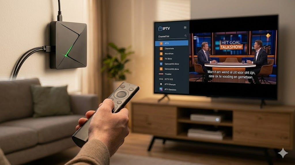 Een hand houdt een afstandsbediening vast en navigeert door de TiviMate interface op een tv-scherm, waarbij de instellingen voor iptv met nederlandse ondertitels zichtbaar zijn in de zijbalk.