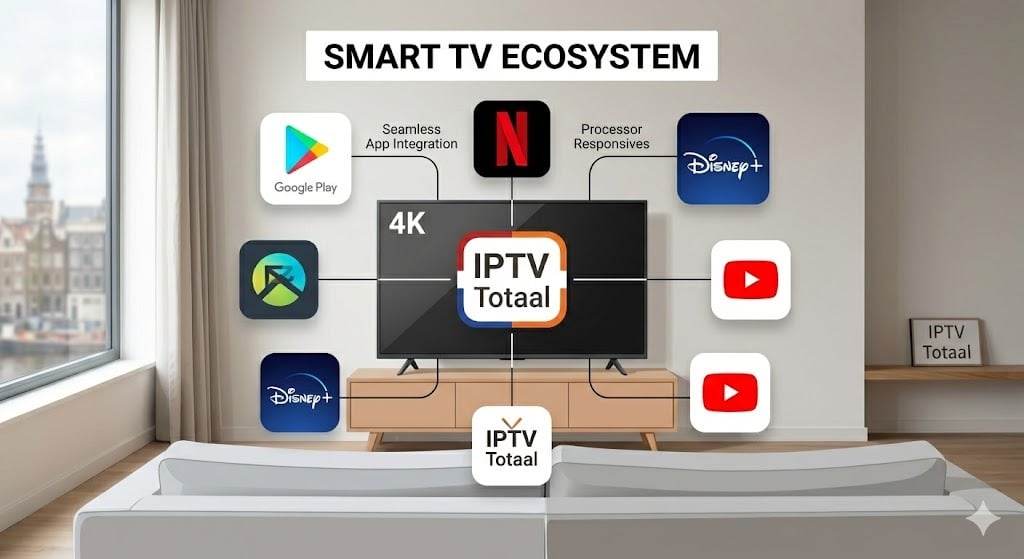 Een overzichtelijke infographic die laat zien hoe eenvoudig je de IPTV Totaal app installeert op een flexibel Google TV platform na een tv kopen.