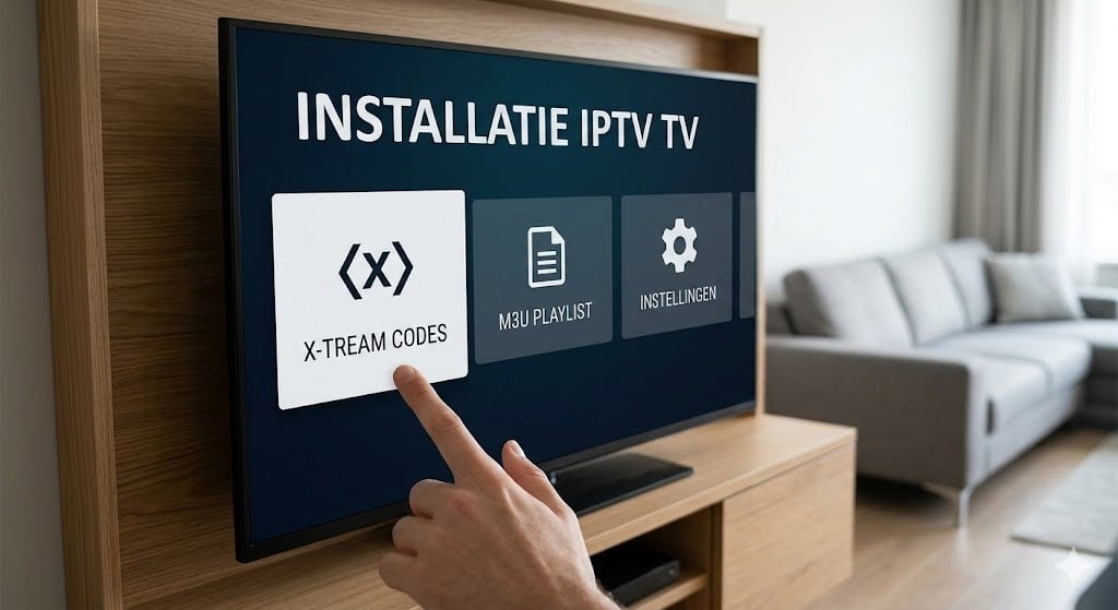 Een TV scherm toont een menu met 'INSTALLATIE IPTV TV', waar een vinger 'X-TREAM CODES' selecteert, wat de eenvoudige installatie van iptv tv op apparatuur zoals Firestick illustreert.