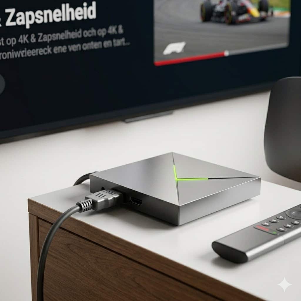Een close-up macrofoto van een aangesloten Nvidia Shield Pro mediabox, de aanbevolen hardware voor iptvtotaal 4K streams.