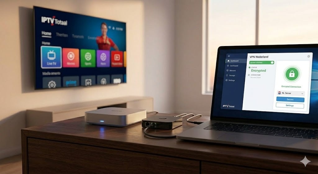 Een Wi-Fi 6 router en een actieve VPN Nederland status op een laptop, die zorgen voor een versleutelde en veilige tunnel voor iptv legaal nederland.