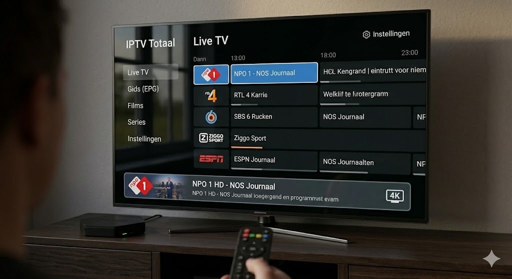 Een close-up van een tv-scherm dat de Nederlandstalige interface van IPTV Totaal toont, draaiend op een snelle iptv box.