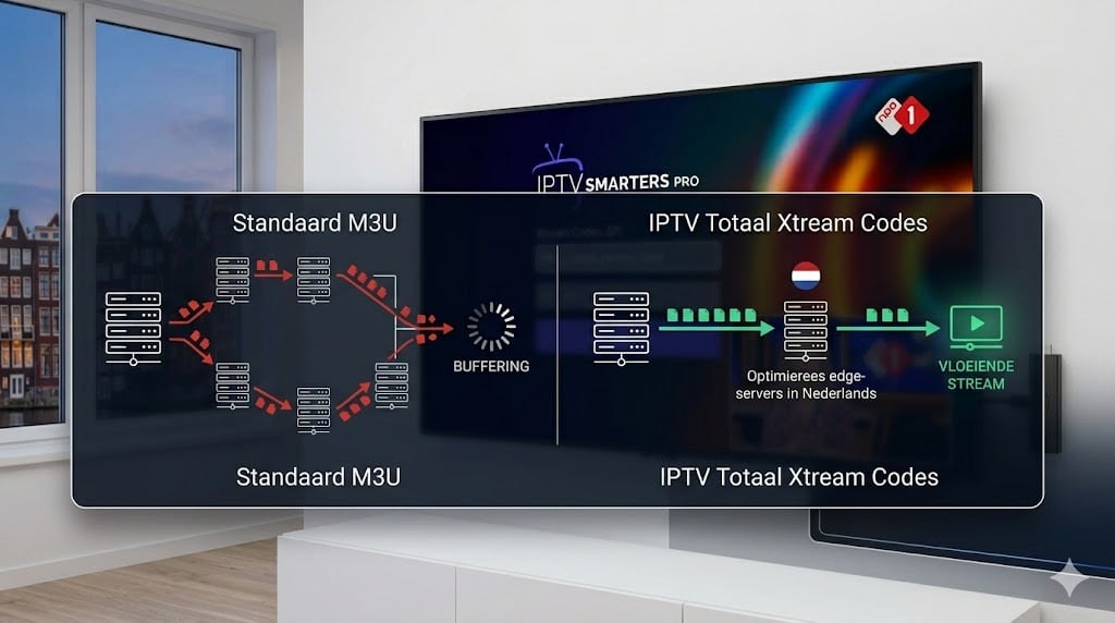 Een technische infographic toont hoe de IPTV Smarters architectuur Nederlandse providerblokkades van Ziggo en KPN omzeilt via geoptimaliseerde Xtream Codes servers.