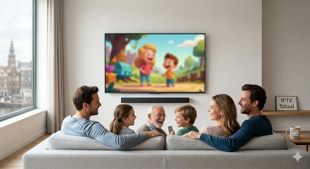 Een sfeervolle foto van een gelukkig Nederlands gezin dat samen geniet van hun favoriete content op een groot 4K scherm, de perfecte afloop van een tv kopen.