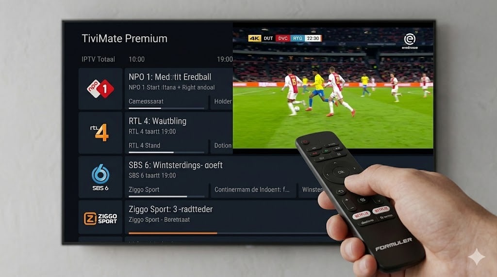 Een close-up van de TiviMate interface die een ip iptv elektronische programmagids (EPG) in het Nederlands toont.