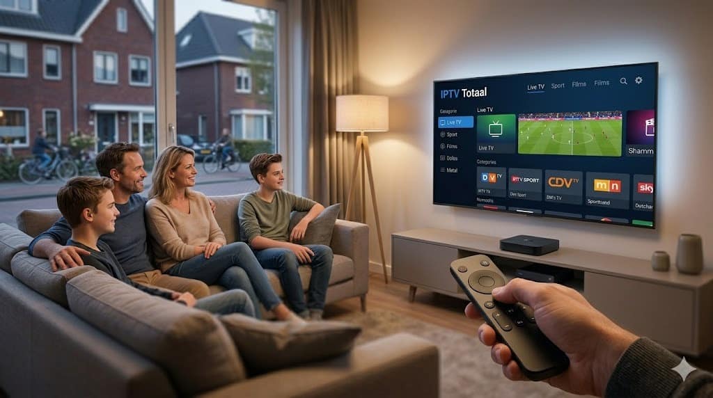 Een gelukkig Nederlands gezin kijkt live voetbal via de IPTV Totaal interface op hun TV, bediend door een compact iptv kastje.