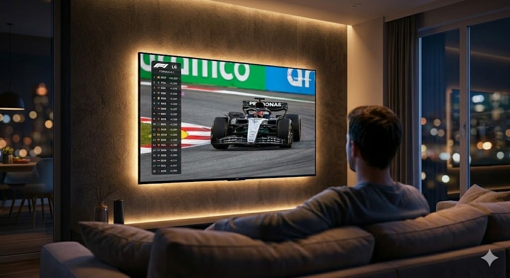 An immersive 4K Formula 1 streaming experience using IPTV Smarters Pro in a modern Dutch living room.