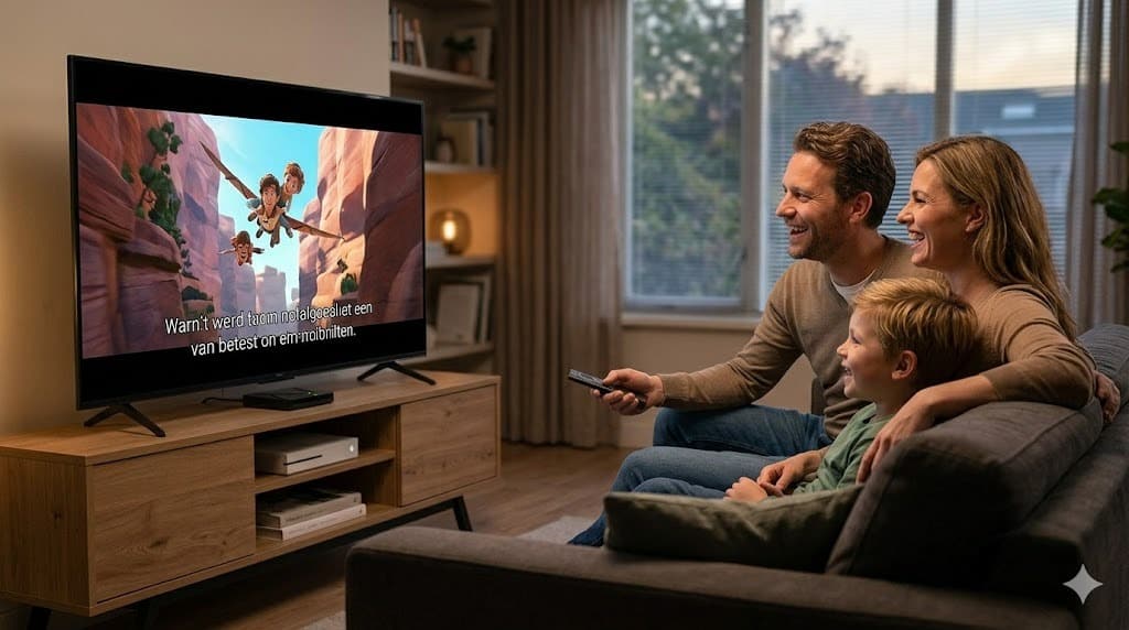 Een gelukkig Nederlands gezin zit op een bank en kijkt samen naar een geanimeerde familiefilm op een tv-scherm die is voorzien van iptv met nederlandse ondertitels.