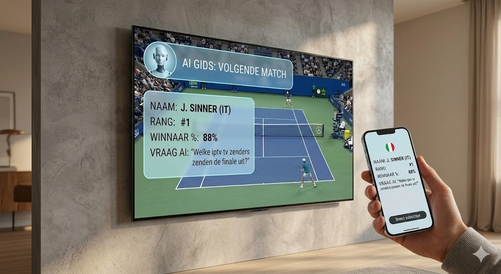 Een TV scherm met een live tenniswedstrijd toont een interactieve AI gids overlay met de vraag "Welke iptv tv zenders zenden de finale uit?", illustreert de toekomst van iptv tv in 2026.