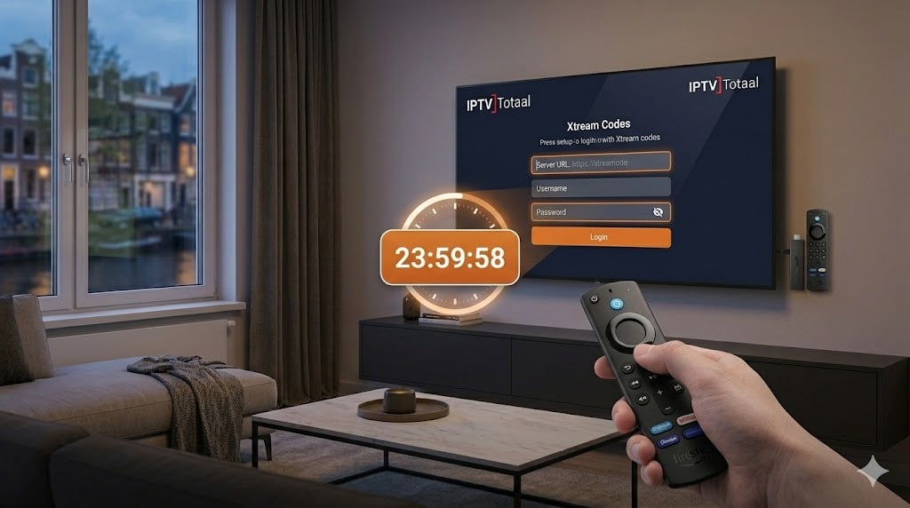 Een hand holding een Fire TV remote en pointing naar een Smart TV screen die de IPTV Totaal login pagina en de 24-uurs nederland iptv test-timer laat zien.