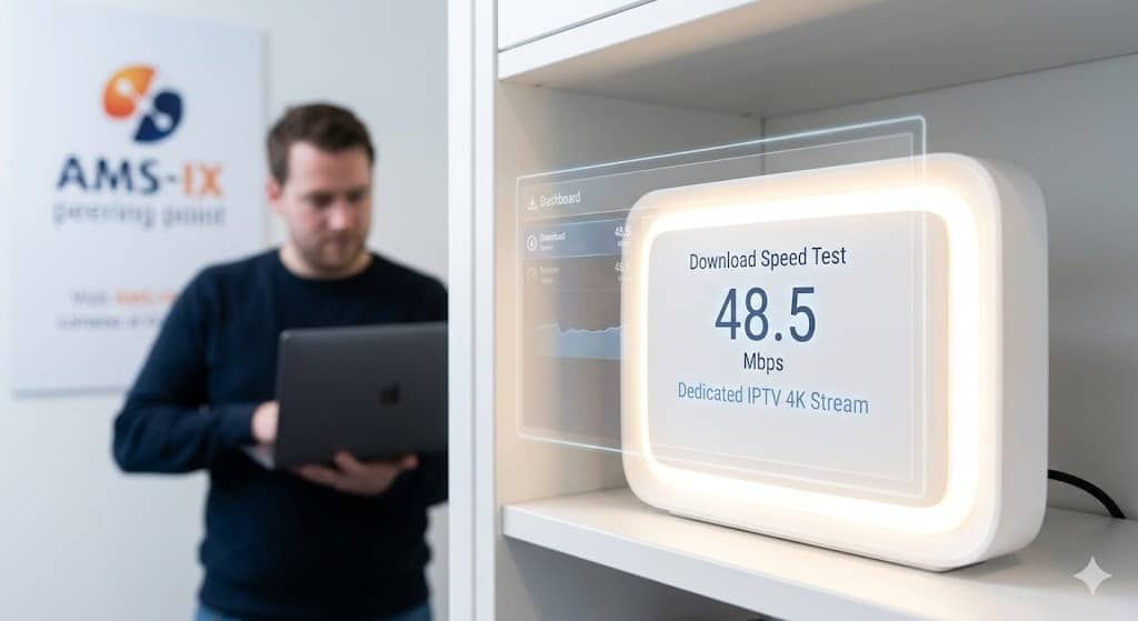Close-up van een modem in Rotterdam met een stabiele datasnelheid voor een vlekkeloze iptv met 4k verbinding.