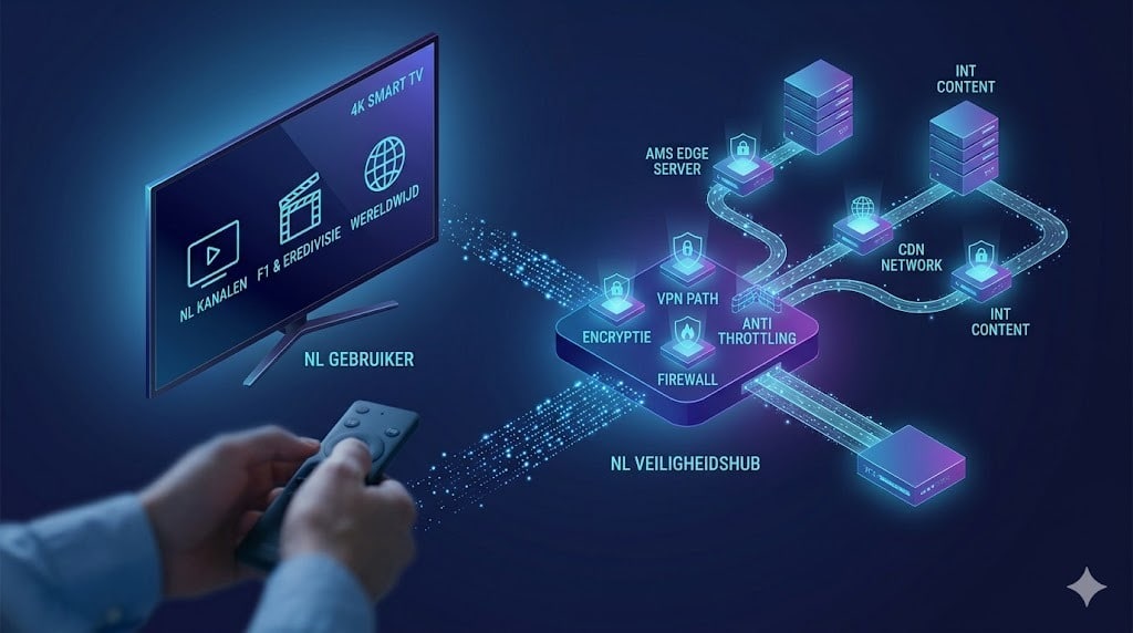 A comprehensive digital art diagram visualizing an isometry network flow where an NL user's minimal remote control hand directs data from a global 'INT CONTENT' source through an encrypted 'NL SECURITY HUB' onto a Smart TV displaying tvtotaal icons like NL KANALEN and F1 & EREDIVISIE.