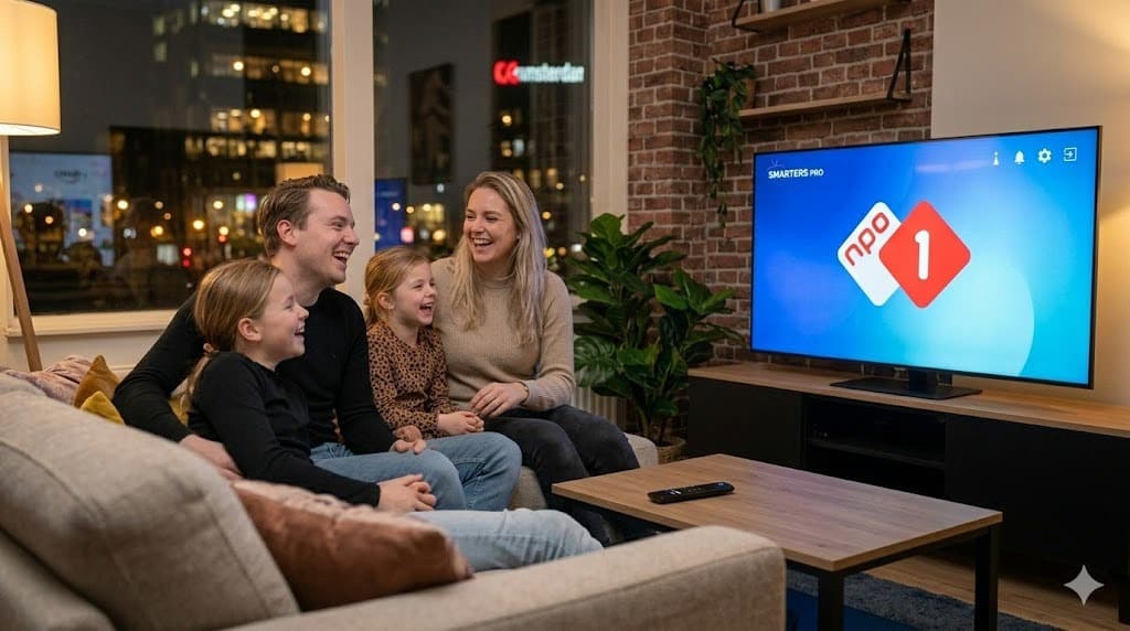 Een warme familiefoto van een gezin dat geniet van heldere 4K streaming op de Samsung QLED TV, die de high-resolution interface van smarters pro weergeeft, in de Amsterdamse woonkamer setting.